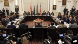 FILE - Delegations from Afghanistan, Pakistan, China and the U.S. discuss a road map for ending the war with the Taliban at the Presidential Palace in Kabul, Afghanistan, Jan. 18, 2016. Pakistan’s Foreign Secretary Aizaz Chaudhry reiterated Islamabad is ready to facilitate peace talks between Afghan warring sides provided Kabul accepts the offer.