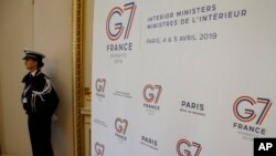 A police officer stands guard at the French Interior Ministry during a ministerial level G-7 meeting in Paris, France, April 4, 2019. 