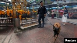 A Thai police officer and his dog inspect around the Erawan shrine during the first anniversary of the shrine's bombing in central Bangkok, Thailand, Aug. 17, 2016. Security has been stepped up at tourist sites.