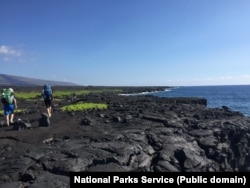 Hikers walking along lava on the Puna Coast Trail