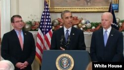 President Obama announces that Ashton Carter, left, is his nominee for U.S. Defense Secretary as Vice President Biden looks on.