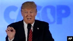 Republican presidential candidate Donald Trump speaks at the California Republican Party 2016 Convention in Burlingame, California, April 29, 2016.