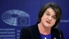 FILE - Northern Irish Democratic Unionist Party leader Arlene Foster holds a news conference at the European Parliament after a meeting with EU Brexit negotiator Michel Barnier in Brussels, Oct. 9, 2018.