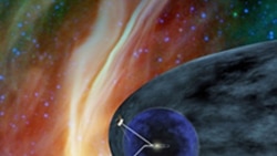 This artist's picture showing NASA's two Voyager spacecraft exploring an area of space known as the heliosheath. It is the outer shell of the bubble of charged particles around our sun.