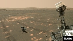 NASA’s Perseverance Mars rover took a 'selfie' with the Ingenuity helicopter, seen here about 13 feet (3.9 meters) from the rover. This image was taken by the WASTON camera on the rover’s robotic arm on April 6, 2021.
