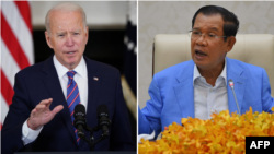 រូបថតផ្គុំ៖ ប្រធានាធិបតីសហរដ្ឋអាមេរិកលោក Joe Biden ថ្លែងអំពីស្ថានភាពការងារនៅសហរដ្ឋអាមេរិក នៅសេតវិមានក្នុងរដ្ឋធានីវ៉ាស៊ីនតោន កាលពីថ្ងៃទី ២ ខែមេសា ឆ្នាំ ២០២១ និងនាយករដ្ឋមន្ត្រីកម្ពុជាលោក ហ៊ុន សែន ថ្លែងនៅក្នុងសន្និសីទសារព័ត៌មានមួយរាជធានីភ្នំពេញ កាលពីថ្ងៃទី ៧ ខែមេសា ឆ្នាំ ២០២០។ 