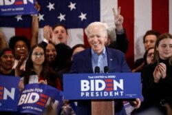 Democratic presidential candidate and former Vice President Joe Biden speaks during a Nevada Caucus night event in Las Vegas, Feb. 22, 2020.