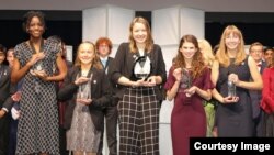 Broadcom MASTERS top winners (from left to right) Lauren Ejiaga, Sidor Clare, Alaina Gassler, Rachel Bergey and Alexis MacAvoy. (Photo Credit: Linda Doane/Society for Science & the Public)