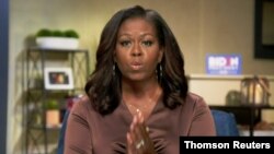 Former first lady Michelle Obama addresses the all virtual 2020 Democratic Convention hosted from Milwaukee, Wisconsin, Aug. 18, 2020.