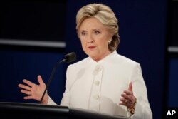 Democratic presidential nominee Hillary Clinton answers a question during the third presidential debate at UNLV in Las Vegas, Oct. 19, 2016.