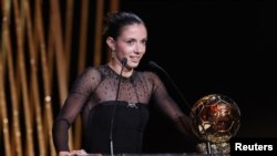 Barcelona's Aitana Bonmati after winning the women's Ballon d'Or, Chatelet Theatre, Paris, Oct. 30, 2023
