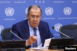 세르게이 라브로프 러시아 외무장관이 지난 24일 미국 뉴욕에서 유엔총회 연설 직후 회견하고 있다.