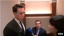 美国参议员霍利在国会大厦内接受美国之音记者采访。(2019年11月13日)