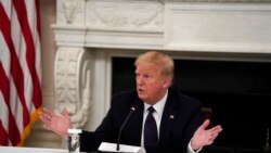 President Donald Trump tells reporters that he is taking zinc and hydroxychloroquine during a meeting with restaurant industry executives about the coronavirus response, in the State Dining Room of the White House, Monday, May 18, 2020, in…