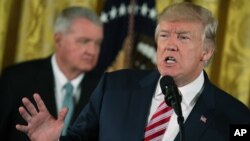 President Donald Trump speaks at a Air Traffic Control Reform Initiative announcement in the East Room at the White House, June 5, 2017, in Washington.
