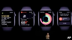 Sumbul Desai, MD, Apple's vice president of Health talks about new features on the Apple watch during an event to announce new products Tuesday, Sept. 10, 2019, in Cupertino, Calif. (AP Photo/Tony Avelar)