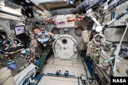 Astronavt Anna Makkleyn yangi robotni tekshirmoqda