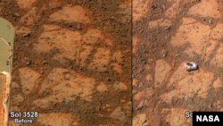 The images are from Opportunity's panoramic camera (Pancam). The one on the left is from 3,528th Martian day, or sol, of the rover's work on Mars (Dec. 26, 2013). The one on the right, with the newly arrived rock, is from Sol 3540 (Jan. 8, 2014). ( NASA/JPL-Caltech/Cornell Univ./Arizona State Univ.)