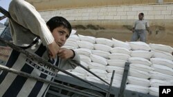 A Palestinian boy stands beside a truck loaded with sacks of flour received from The United States Agency for International Development (USAID) in the village of Anin near the West Bank city of Jenin (file photo)