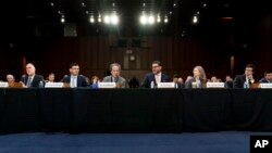 From left, Live Nation Entertainment, Inc. President and Chief Financial Officer Joe Berchtold, SeatGeek, Inc. Chief Executive Officer Jack Groetzinger, Jam Productions LLC Chief Executive Officer and President Jerry Mickelson, The James Madison Institute Senior Vice President Sal Nuzzo, American Antitrust Institute Vice President For Legal Advocacy Kathleen Bradish, and singer-songwriter Clyde Lawrence appear before a Senate Judiciary Committee hearing to examine promoting competition and protecting consumers in live entertainment on Capitol Hill in Washington, Tuesday, Jan. 24, 2023. (AP Photo/Andrew Harnik)