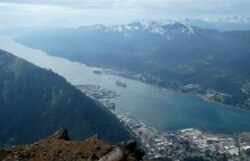 Cruise ships near downtown Juneau, Alaska, in May 2019, in this view from from Mount Juneau.