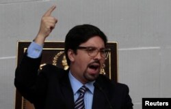 Freddy Guevara, first Vice-President of the National Assembly and lawmaker of the Venezuelan coalition of opposition parties (MUD), attends a session of Venezuela's opposition-controlled National Assembly in Caracas, Venezuela, Aug. 2, 2017.