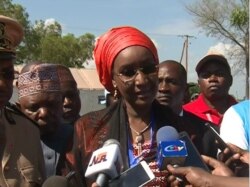 Sadiya Oumar Farouq, Nigeria's minister of humanitarian affairs, speaks to reporters in Maroua, Cameroon, Aug. 22, 2019. (Moki Kindzeka/VOA)
