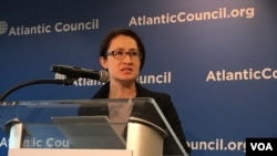 台湾民进党立法委员萧美琴2019年4月8日在美国大西洋理事会演讲 （美国之音锺辰芳拍摄）
