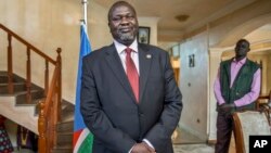 South Sudan's rebel leader Riek Machar speaks about the situation in South Sudan following last week's peace agreement with the government, in Addis Ababa, Ethiopia, Aug. 31, 2015.