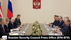 RUSSIA -- U.S. National Security Adviser John Bolton (L) Russian Security Council Secretary Nikolai Patrushev (R) meet in Moscow, October 22, 2018