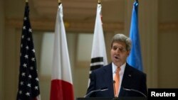 존 케리 미국 국무장관이 23일 뉴욕에서 열린 북한인권 관련 장관급 회의에서 발언하고 있다.