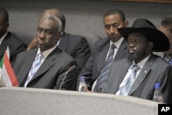 Southern Sudan leader Salva Kiir [R-front] and Sudan's 2nd Vice President Ali Osman Taha [L-front] attend the 14th Extra Ordinary Summit of the Inter-Governmental Authority Heads of State and Government at the Kenyatta International Conference Centre in N