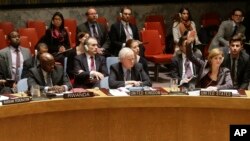 Samantha Power, U.S. ambassador to the United Nations, far right, votes during a meeting of the U.N. Security Council, Dec. 30, 2014.