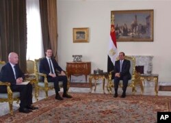 In this June 21, 2018, photo, provided by Egypt's state news agency, MENA, Egyptian President Abdel-Fattah el-Sissi, center, meets with President Donald Trump's son-in-law and senior adviser Jared Kushner, second left, and Middle East envoy Jason Greenblatt during their recent tour of the region.