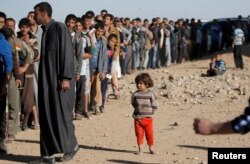 A child stands next to men who are waiting in line for food donated by an Iraqi government organization at the outskirts of Mosul, Iraq, Nov. 20, 2016.