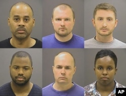 Baltimore police officers charged in Freddie Gray's death, top row from left, Caesar Goodson Jr., Garrett Miller and Edward Nero, and bottom row from left, William Porter, Brian Rice and Alicia White.
