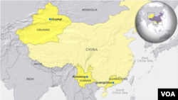 Chinese cities Urumqi, Guangzhou and Kunming 