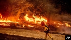 一名美国加州的消防队员查看山火火情。（2020年10月1日）