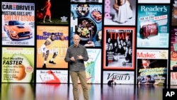 Roger Rosner, Apple vice president of applications, speaks at the Steve Jobs Theater during an event to announce new products Monday, March. 25, 2019, in Cupertino, Calif. (AP Photo/Tony Avelar)