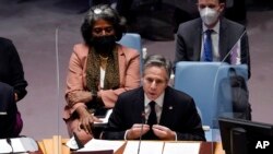 토니 블링컨 미국 국무장관이 17일 뉴욕 유엔본부에서 열린 우크라이나 사태 관련 안보리 회의에서 발언하고 있다.