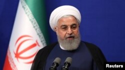 Presiden Iran Hassan Rouhani berbicara dalam rapat dengan atlet-atlet Iran di Teheran, 1 Juni 2019.