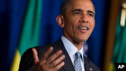 President Barack Obama speaks during a joint news conference with Ethiopian Prime Minister Hailemariam Desalegn at the National Palace in Addis Ababa, July 27, 2015. Obama is the first sitting U.S. president to visit Ethiopia.
