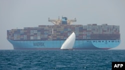 덴마크 해운사 '머스크(Maesk)' 컨테이너선이 걸프 해역에서 운항하는 인근으로 요트가 지나가고 있다. (자료사진)