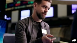 FILE - Twitter's Jack Dorsey is interviewed on the floor of the New York Stock Exchange, Nov. 19, 2015.