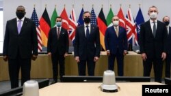 US Secretary of Defense Lloyd Austin, Italian FM Luigi Di Maio, Secretary of State Blinken, Turkish Foreign Minister Cavusoglu, NATO Secretary-General Stoltenberg and British Foreign Secretary Raab during a meeting in Brussels, Apr. 14, 2021.