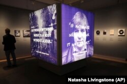 Part of the 'Rebel Sounds' exhibition, which explores how people used music to resist and rebel against war and oppression, is displayed at the Imperial War Museum in London, Wednesday, July 3, 2019.