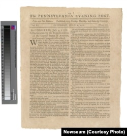 The Pennsylvania Evening Post 1776 printing of the newly adopted Declaration of Independence.