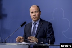 Sweden's Minister for Justice and Migration Morgan Johansson holds a press conference at the Swedish government headquarters in Stockholm, Nov. 5, 2015.