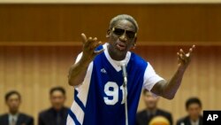 FILE - Dennis Rodman sings Happy Birthday to North Korean leader Kim Jong Un before an exhibition basketball game at an indoor stadium in Pyongyang, North Korea, Jan. 8, 2014.