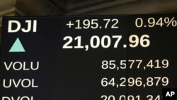 Papan di Bursa Saham New York menunjukkan indeks saham Dow Jones untuk pertama kalinya mencapai di atas 21.000, Rabu (1/3). (AP/Richard Drew)